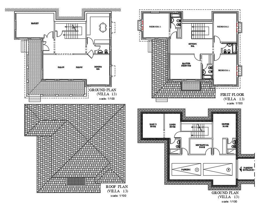 The DWG AutoCad 2D drawing file having the Individual villa floor plan with Basement car park facilities(Villa House Floor Plan). Download the AutoCAD 2D DWG file.