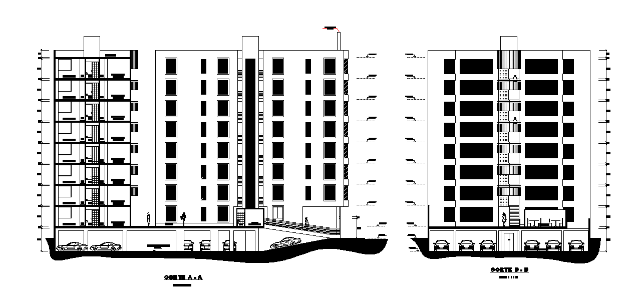 The apartment building described in this AutoCAD drawing file. Download the AutoCAD file. 