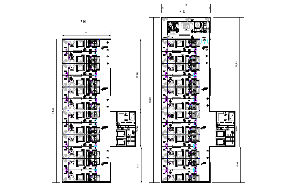 The architecture hotel floor plan drawing specified in this AutoCAD file.  Download the AutoCAD file. 