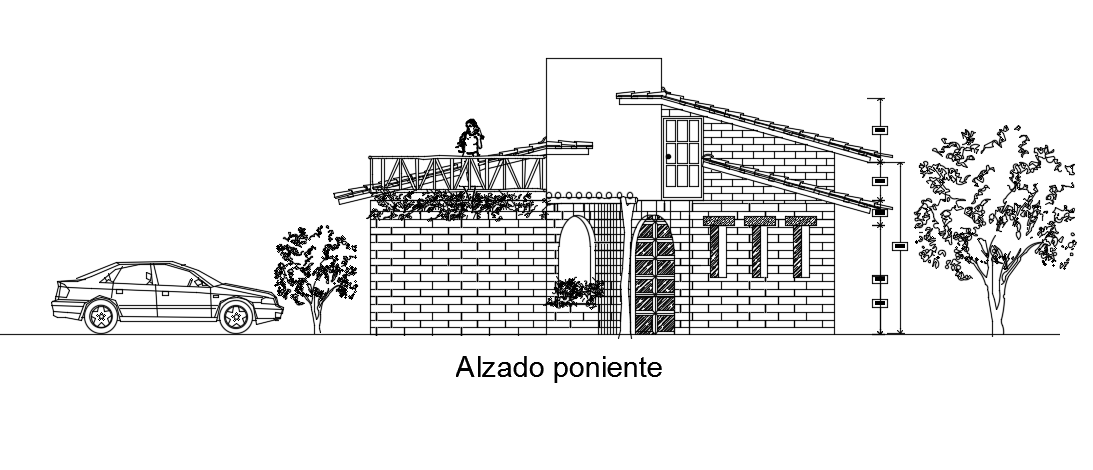 The front side elevation view of the 8x8m house building drawing