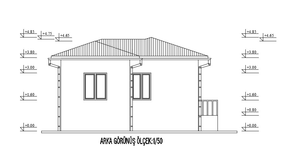 The left side elevation view of the 10x8m architecture 1bhk house building cad 2d drawing 