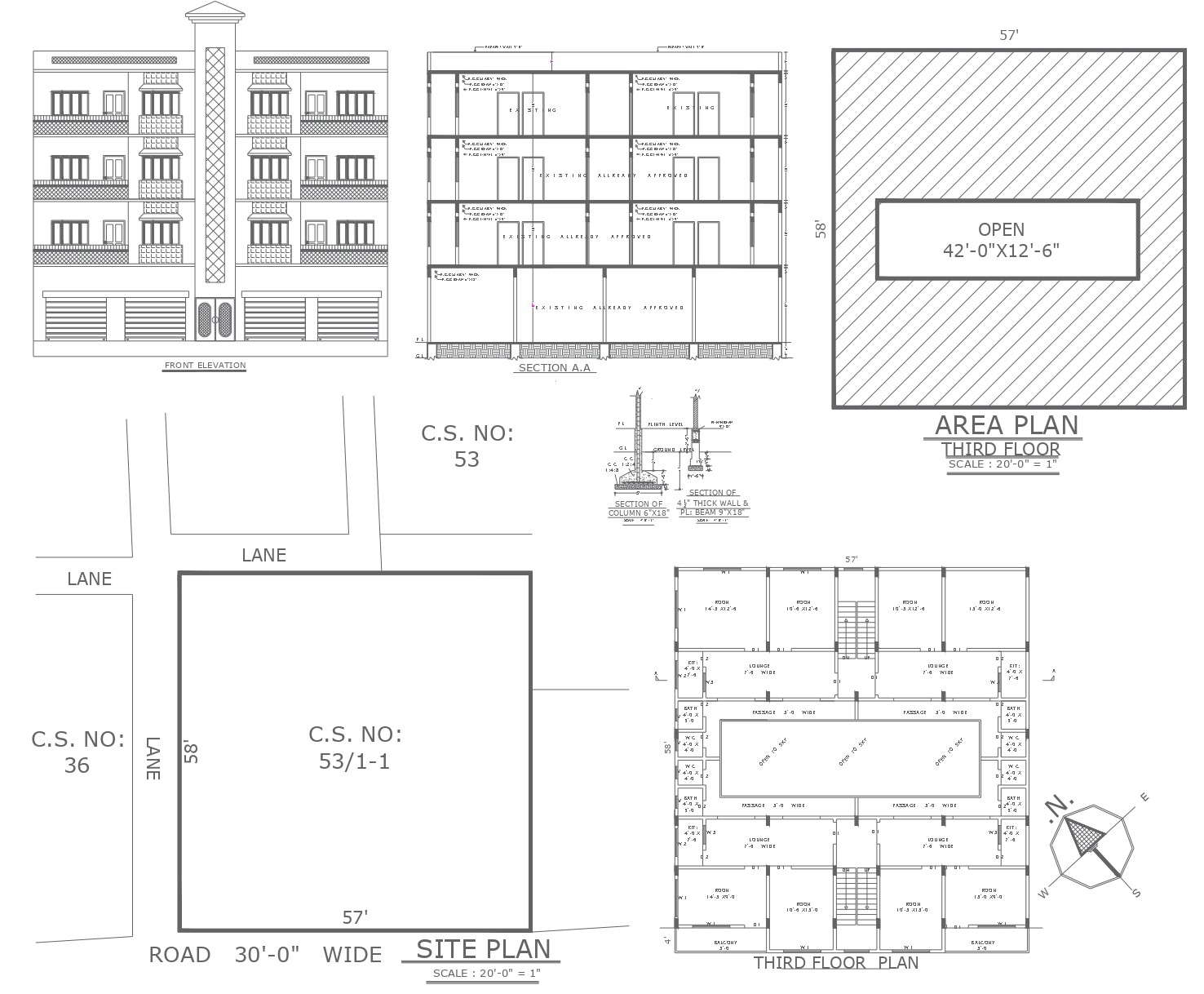 Third-Floor Plan With Front Elevation and Section Detail of 3-Storey Building In CAD File