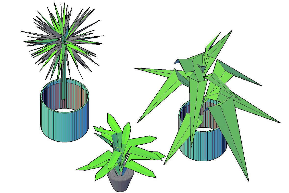 Three Types Of Plants With Pots 3D AutoCAD File Free Download 