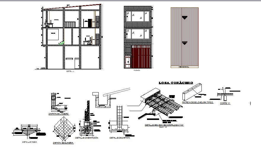 Three story office building elevation, section and construction details dwg file