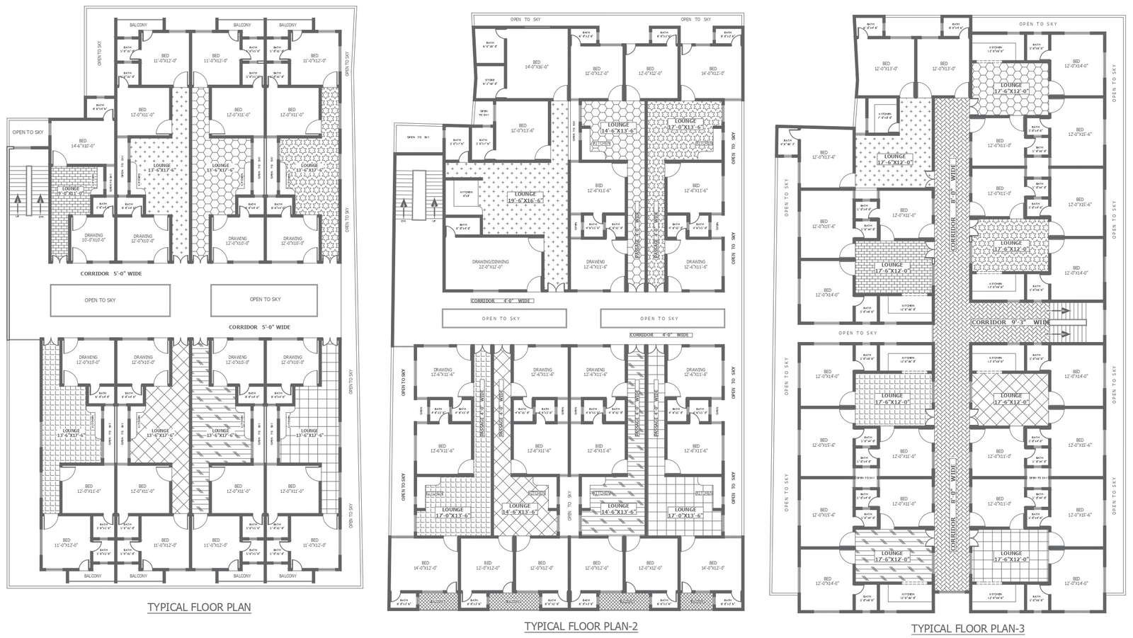Three different options for plan of 2bhk apartment for one site DWG AutoCAD drawing