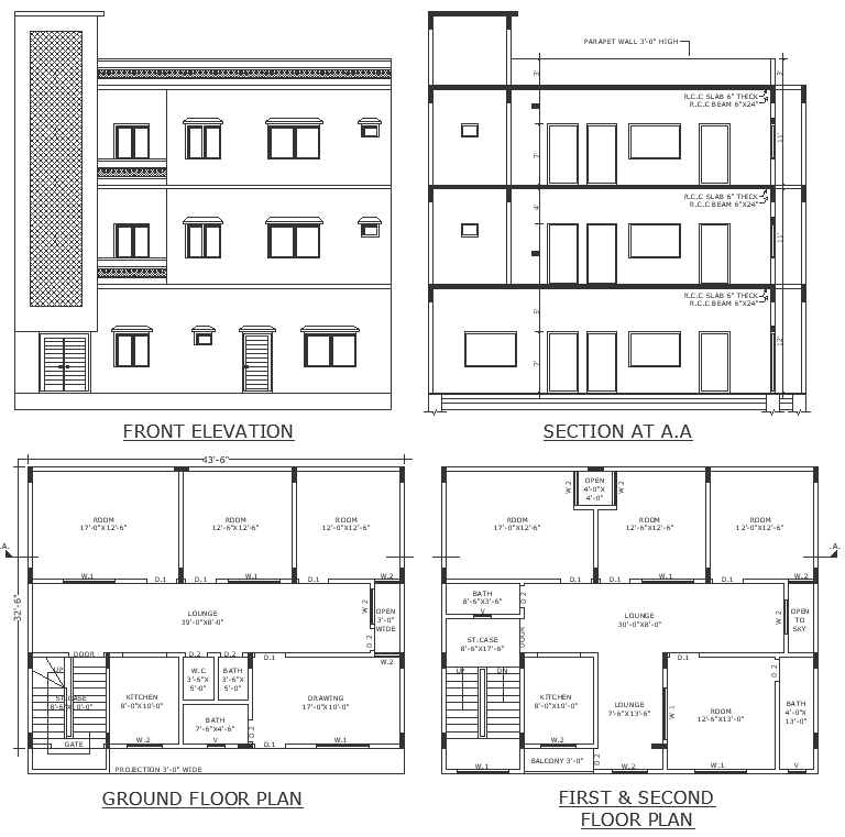 Three storey bungalow design with concept of 3bhk on every floor detailed floor plan section and elevation DWG autoCAD drawing 