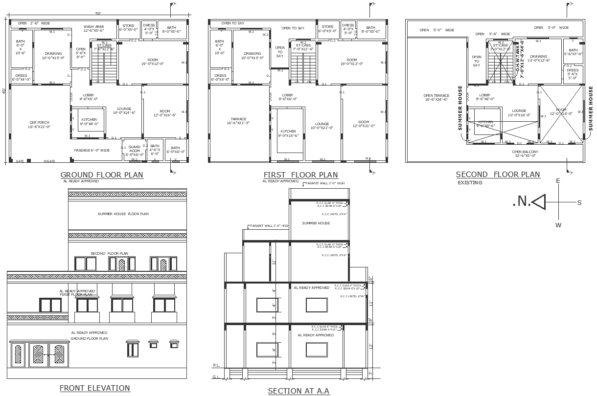 Three storey house design with slab hight of 10ft of every floor detailed plan section and elevation detailed DWG autoCAD drawing