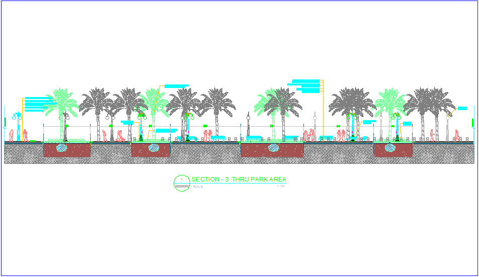 Thru park area with road section view dwg file