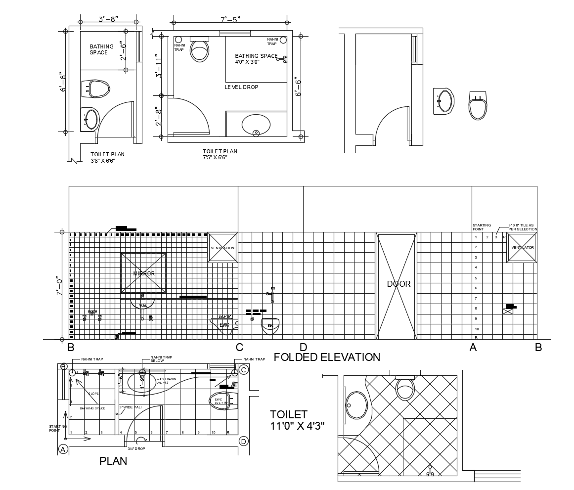 Toilet layout and elevations in dwg file