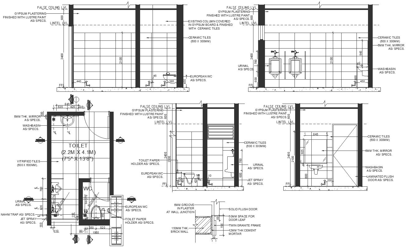 Toilet plan design with nahani trap and vitrified tiles details dwg autocad drawing .