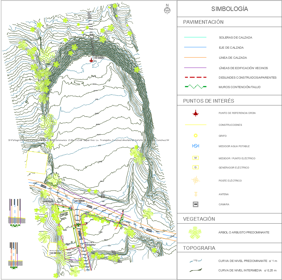 Topographic and Infrastructure Survey Map with Symbols.