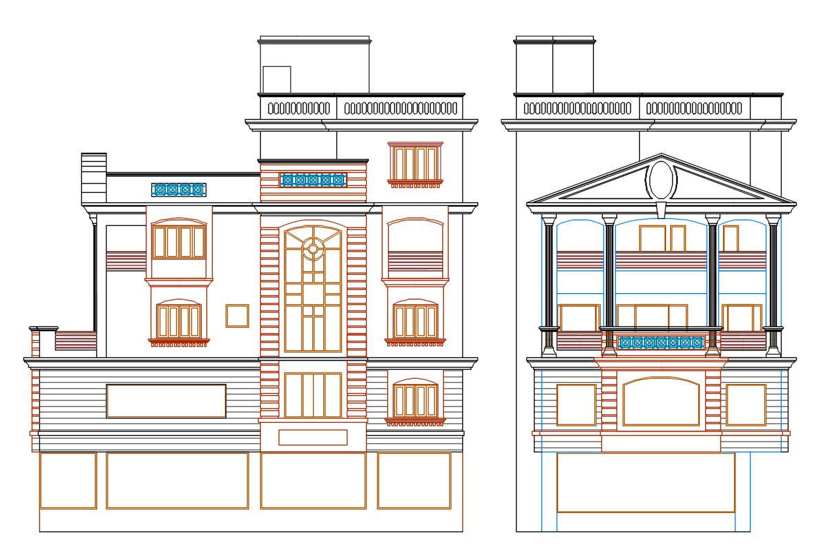 Traditional House Building Elevation Design AutoCAD File