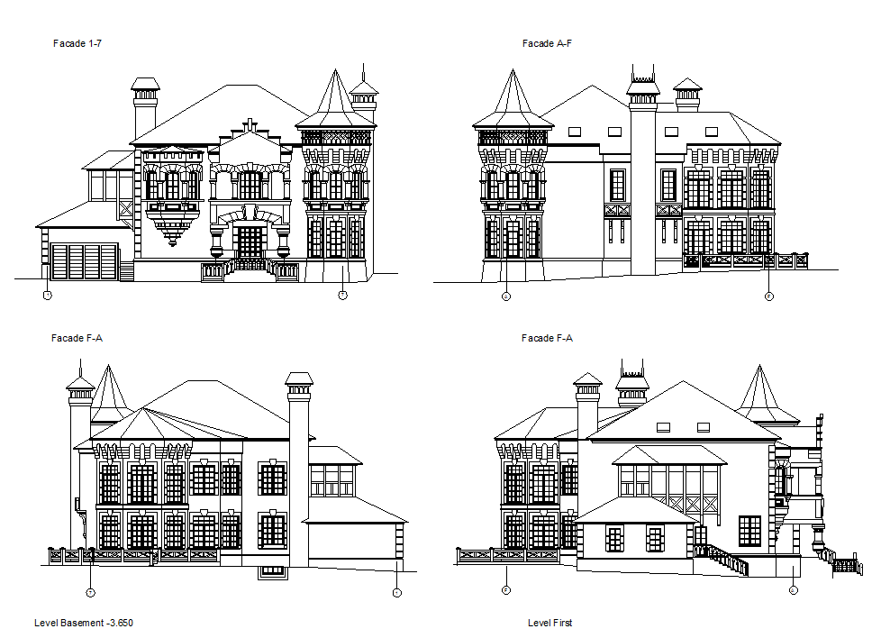 Traditional building or castle elevation dwg file