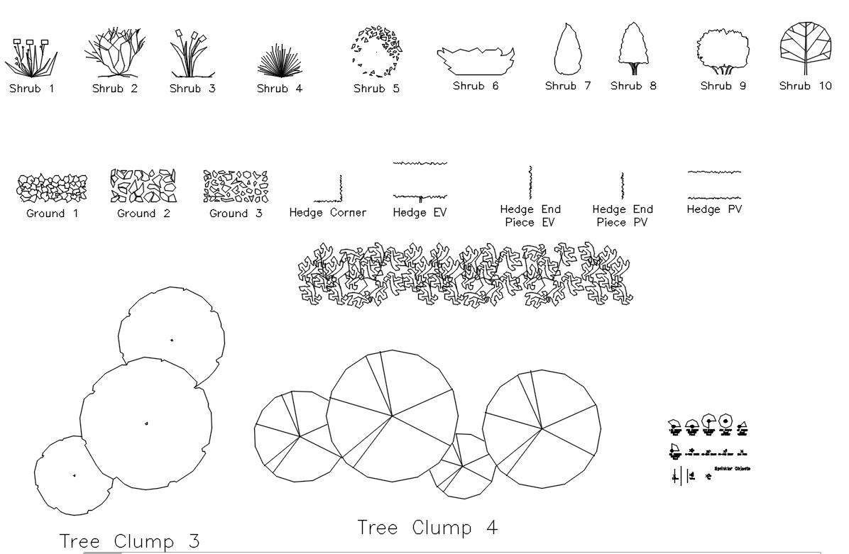 Trees, shrubs and sprinkler objects blocks design in AutoCAD 2D drawing, CAD file, dwg file