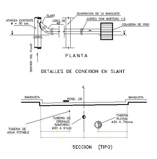 Tube Connection in slant Drawing Design