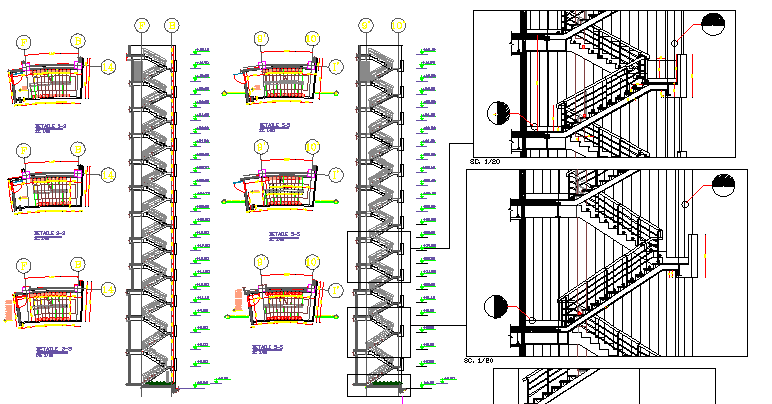 Twelve level building staircase and construction details dwg file