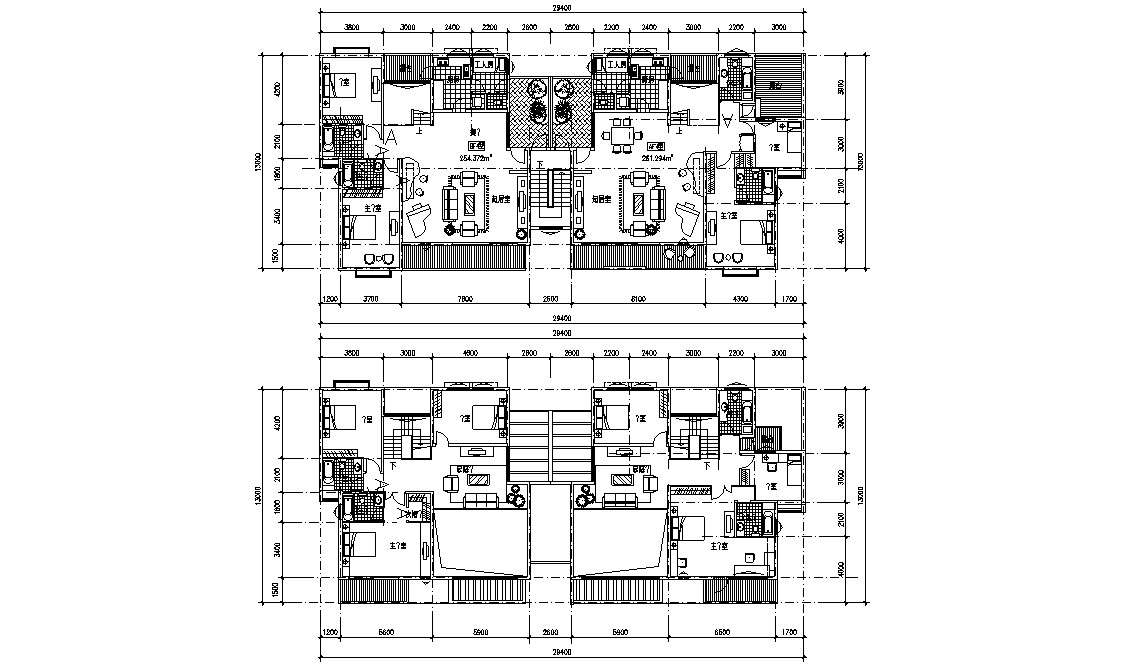Twin 4 BHK Bungalow Furniture Layout Plan 