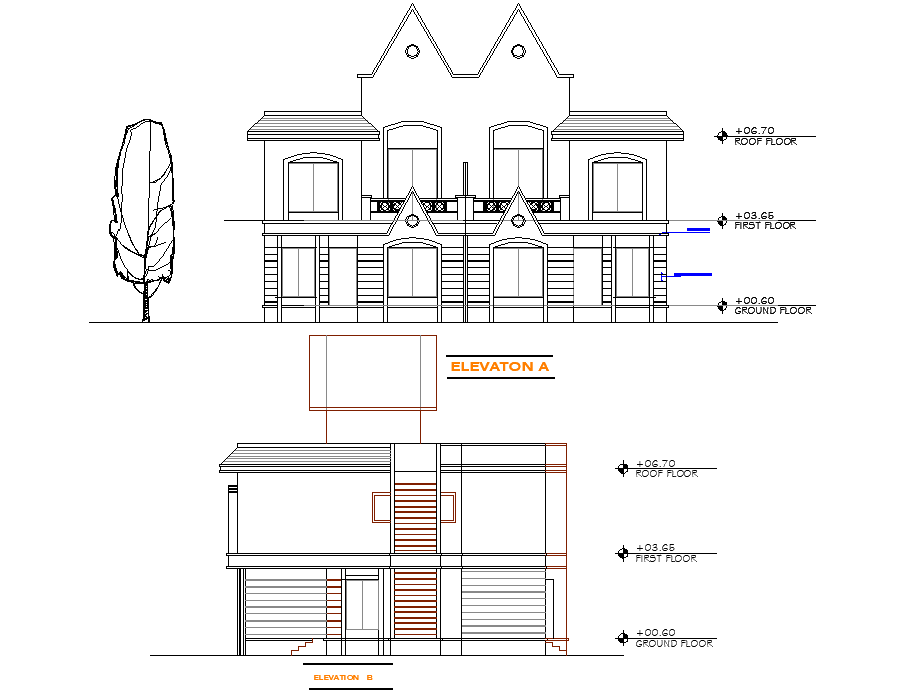 Twin bungalow elevation detail dwg file