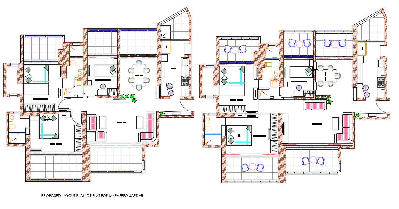 Two BHK Furnished Residential apartment AutoCAD drawing