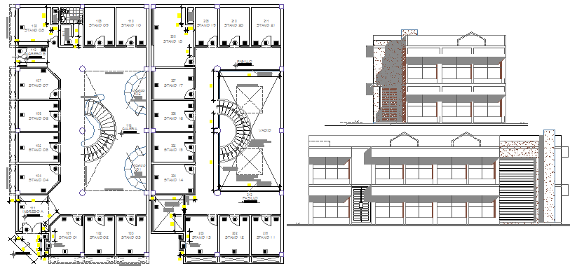 Two flooring shopping center elevation and floor plan details dwg file