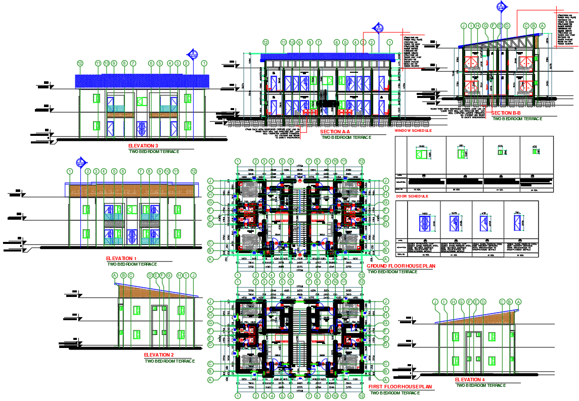 Two Bedroom Terrace House Plan CAD Design with Elevations