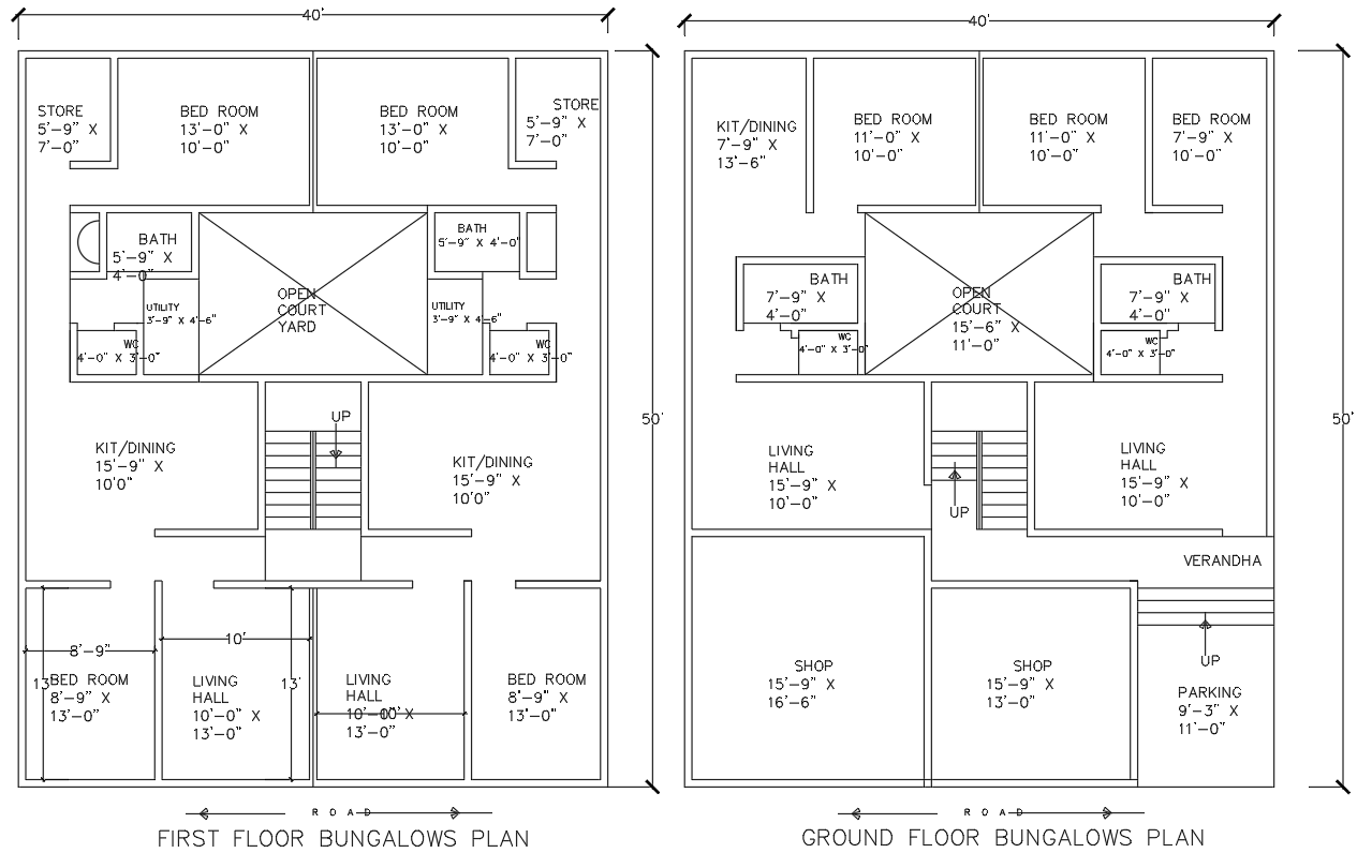 Two Story Bungalow Floor Plan with Commercial Shops DWG Design