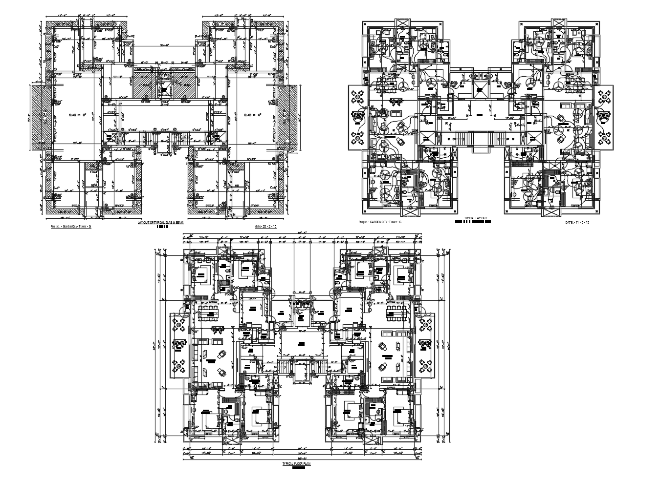 Typical floor plan of apartment 98'8'' x 80'0'' with furniture details in dwg file