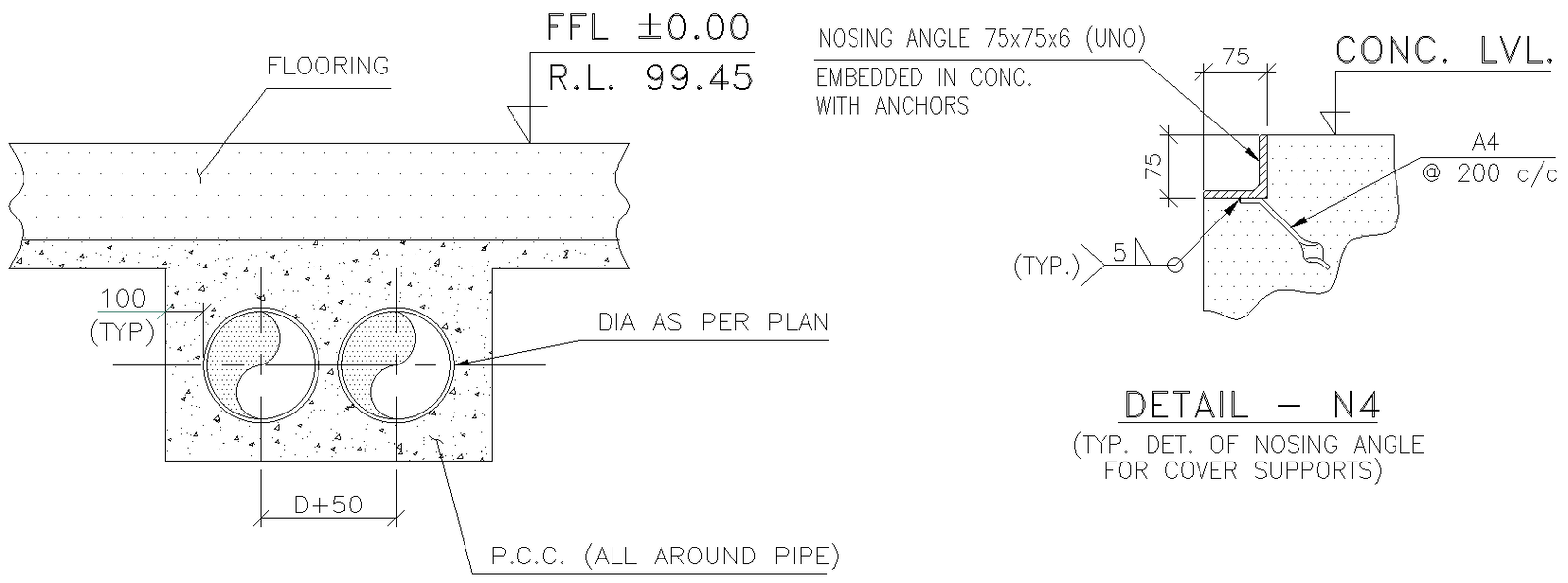 Typical details of nosing angle for cover supports dwg autocad drawing .