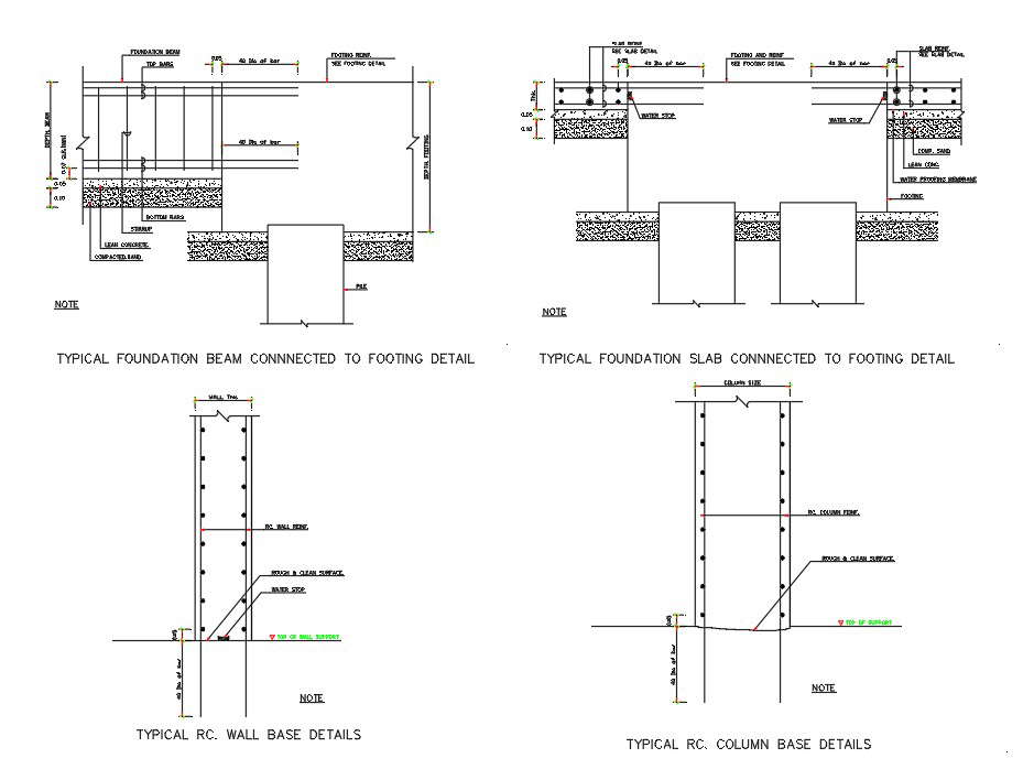 Typical wall, foundation slab, RC column base and foundation beam details are given in this Autocad DWG drawing file. Download the Autocad DWG drawing file. 
