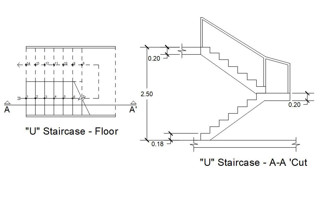 U Staircase Floor And Section Drawing Free DWG File