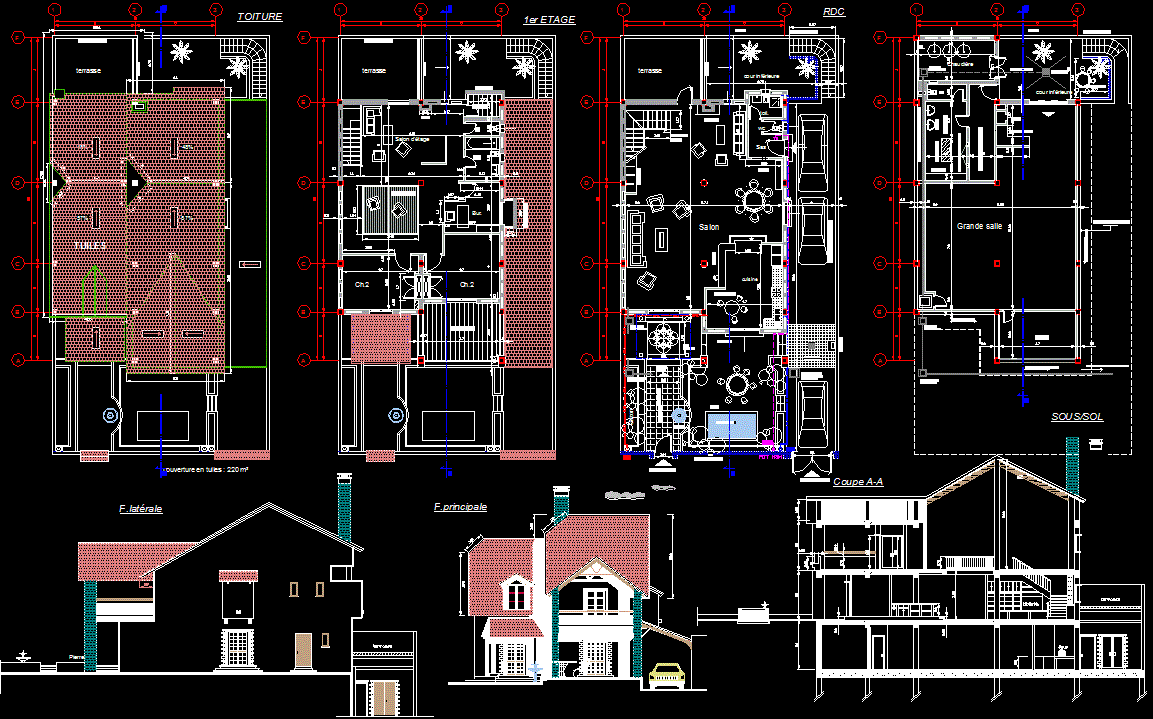 Modern villa elevation and interior in AutoCAD file