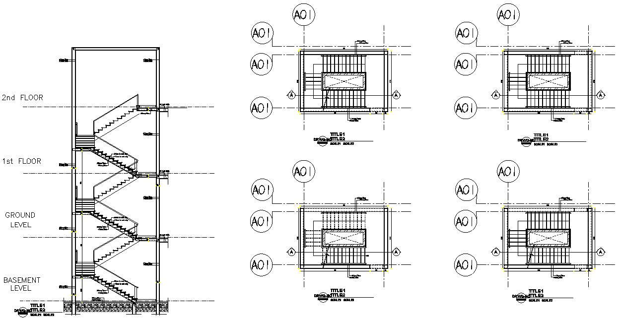 U- shaped staircase detail plan and sectional elevation in AutoCAD, dwg file.