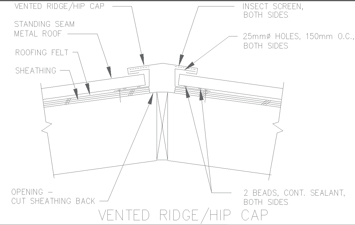 Vented ridge hip cap detail with insect screen dwg autocad drawing with detail.