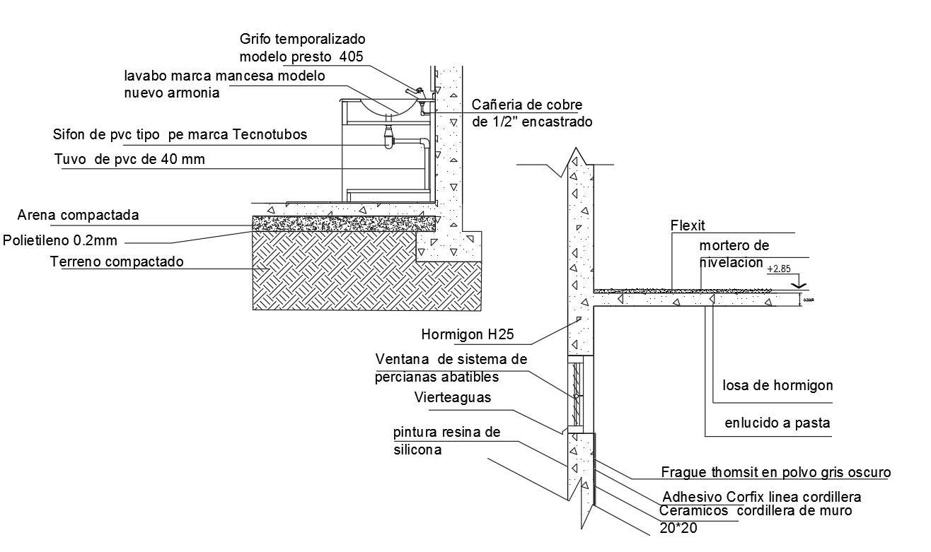 Wall section and sink elevation detail dwg file