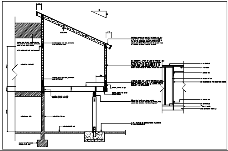 Wall section detail with foundation details and floor divided naming all of the material, with dimension details