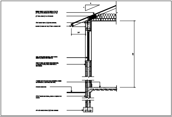 Wall section detail with foundation details and floor divided naming all of the material, with dimension details