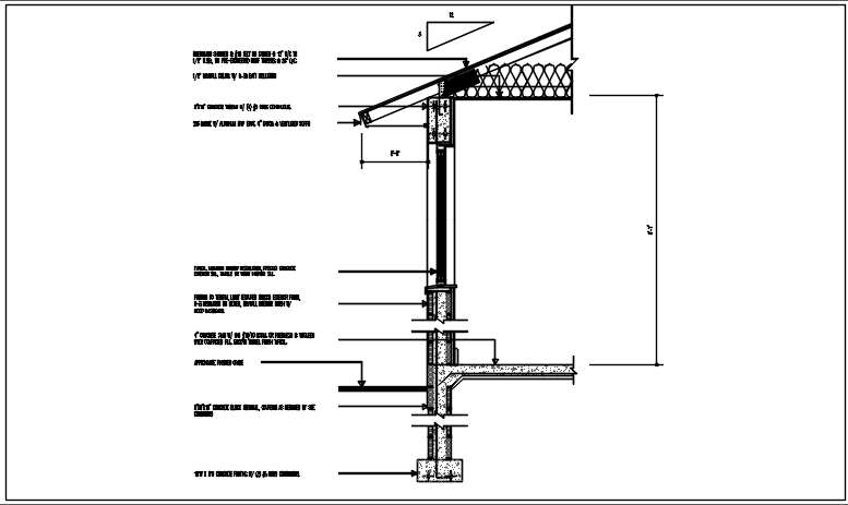 Wall section detail with foundation details and floor divided naming all of the material, with dimension details