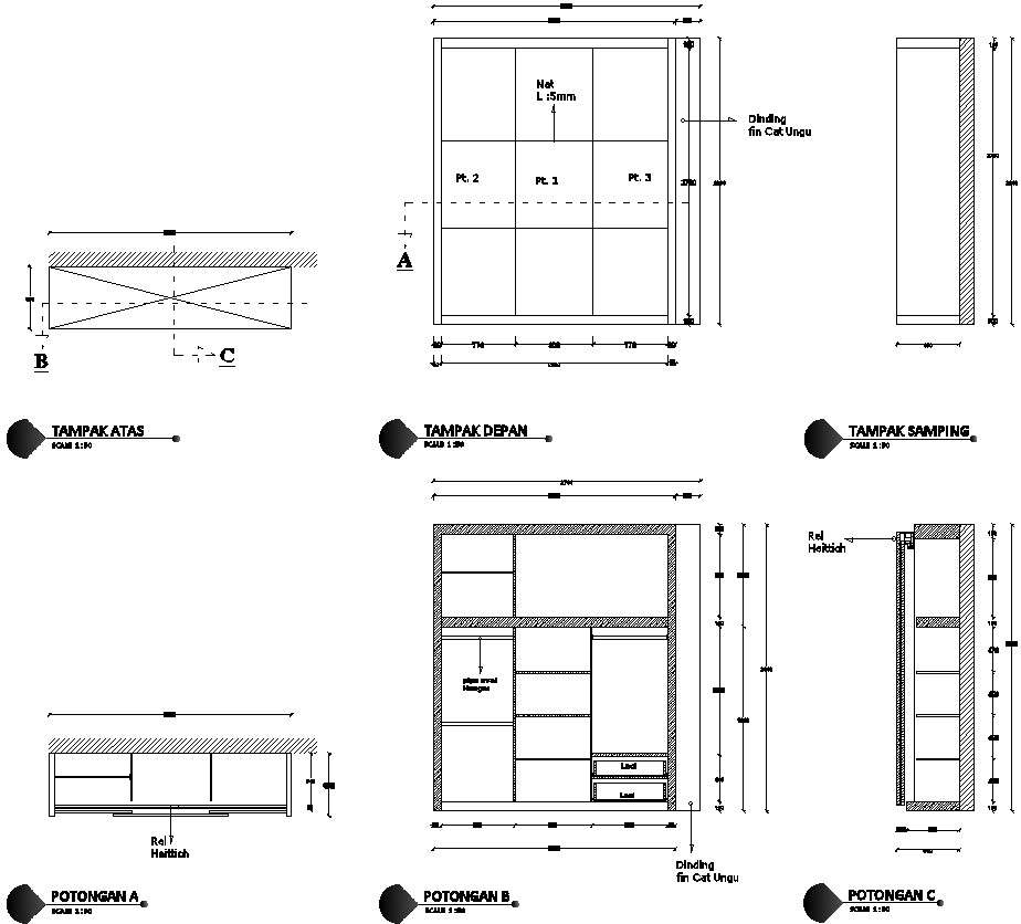 Wardrobe design details in AutoCAD, dwg file.
