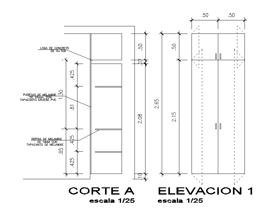 Wardrobe sectional elevation specified in this AutoCAD drawing file. Download the AutoCAD drawing file.