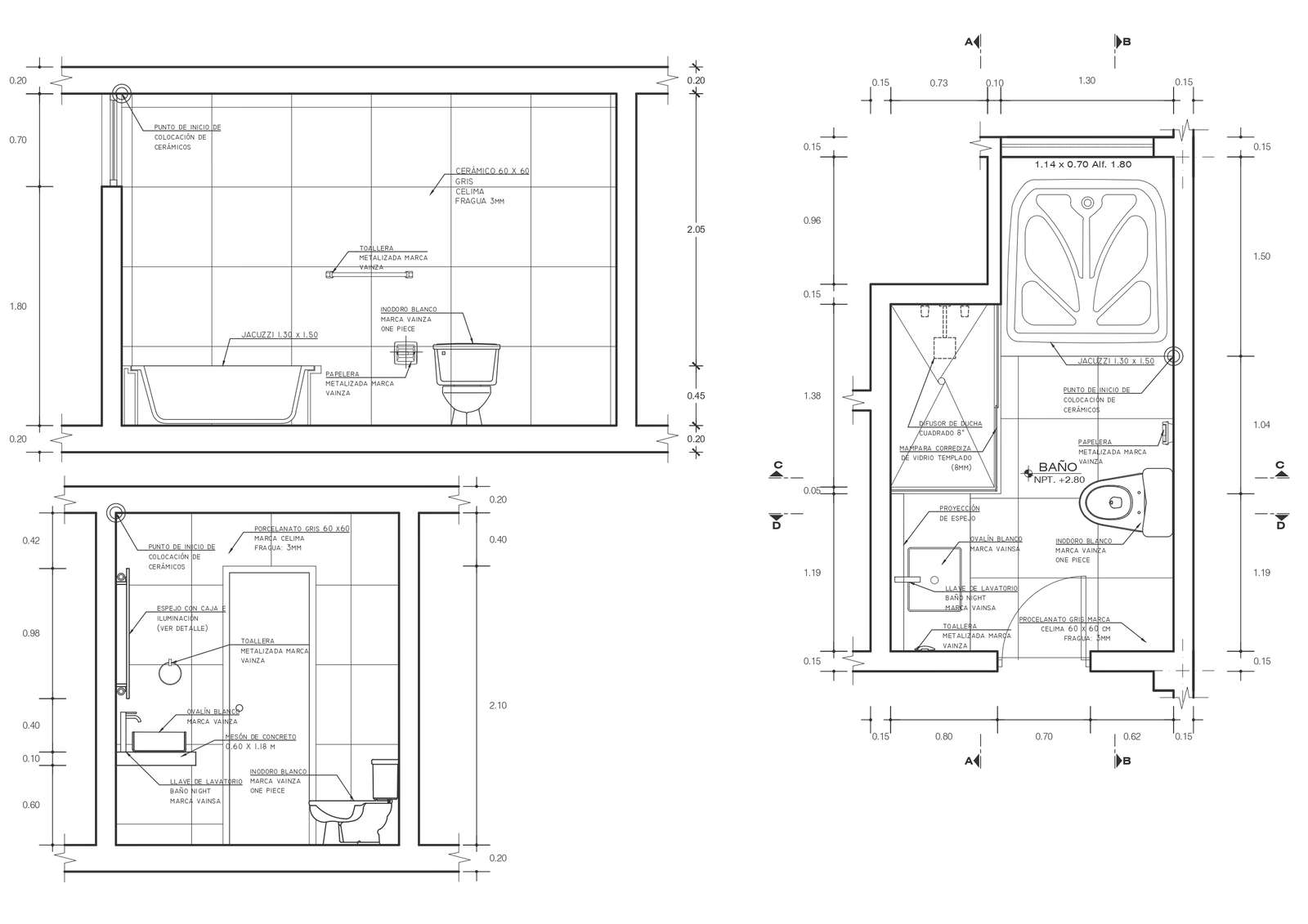 Washroom elevation with fixtures details, labeling and tile layout autocad dwg drawing .