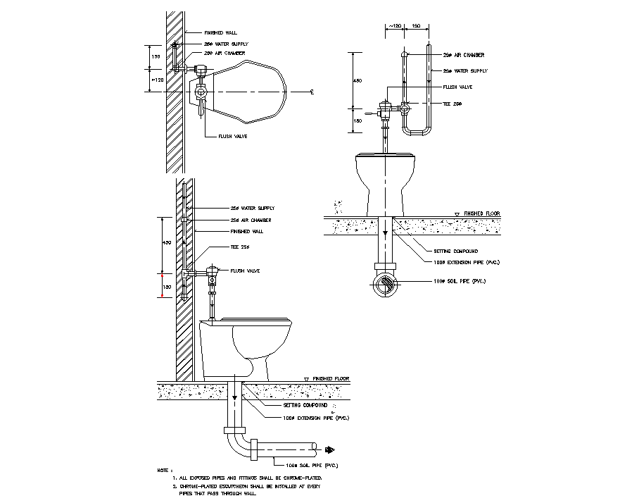 Water closet flush valve plan detail dwg file.