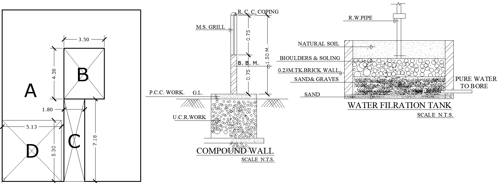 Water Filtration Tank with Compound Wall CAD Drawing