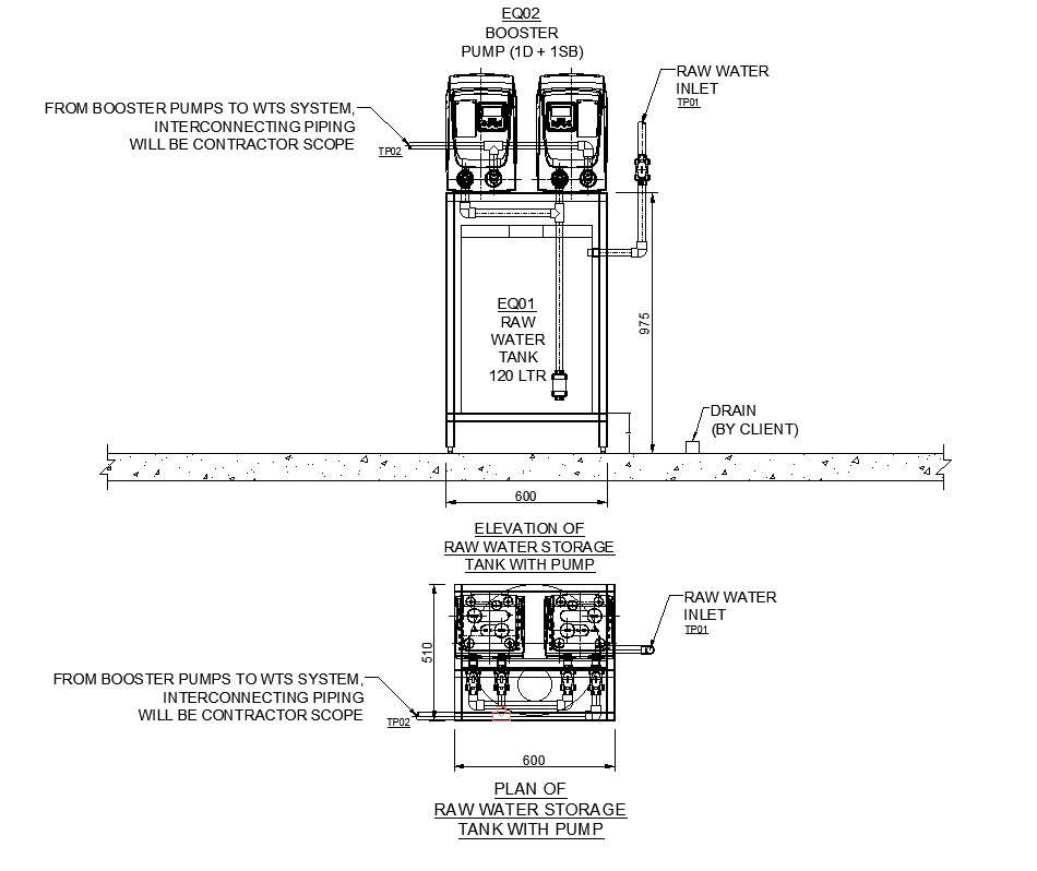Water Storage Tank with Pump CAD Drawing of Plan and Elevation in DWG File
