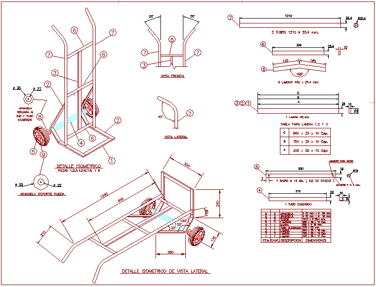 Wheel barrow design with isomeric view