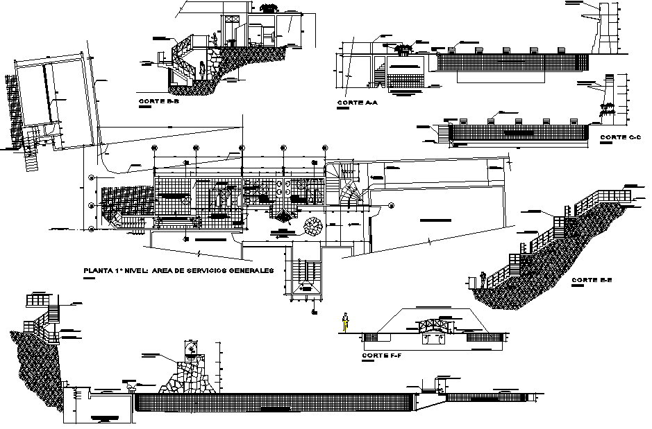 Working plan and stair section detail dwg file