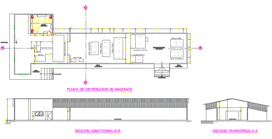 Workshop plan, elevation and section detail dwg file