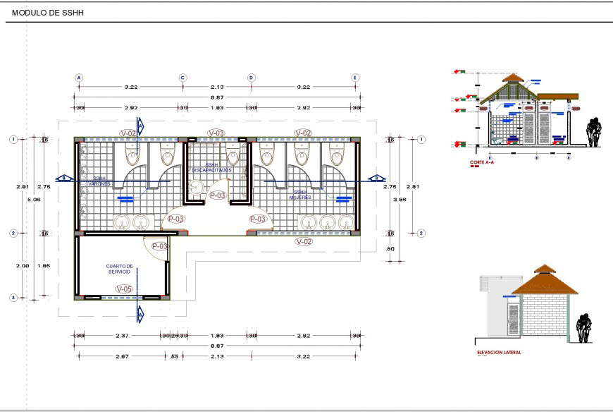 A Plan, elevation and section toilet autocad file