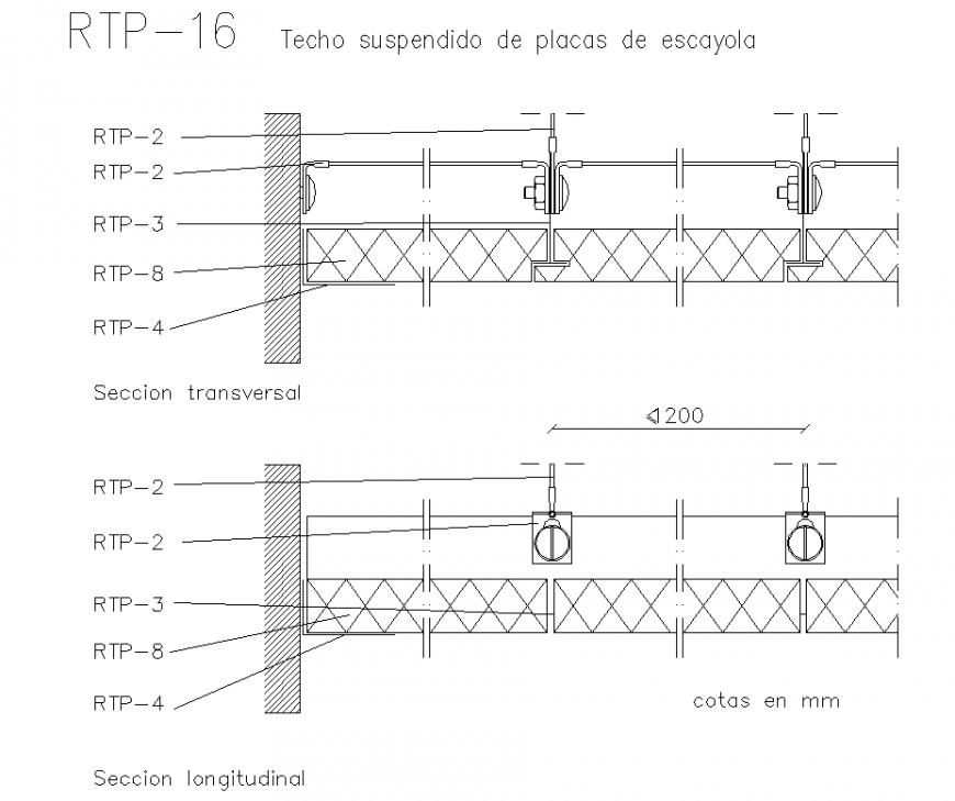A Suspended ceiling of plaster plates section detail dwg file