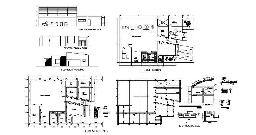 Agro-industrial plant elevation, section, plan, foundation and structure details dwg file