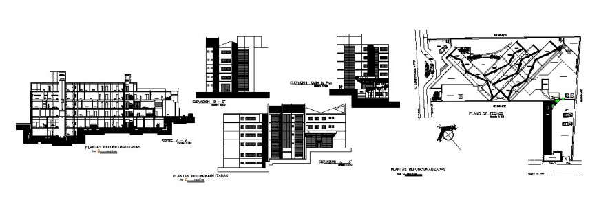 All sided elevation and section details of social security clinic university cad drawing details dwg file